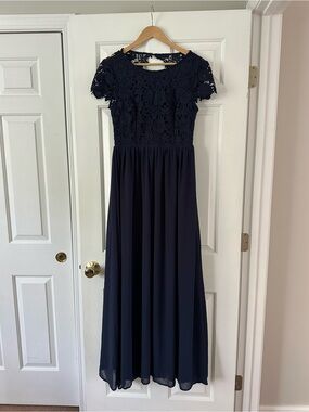 Navy Lace Bodice Short Sleeve Maxi Dress